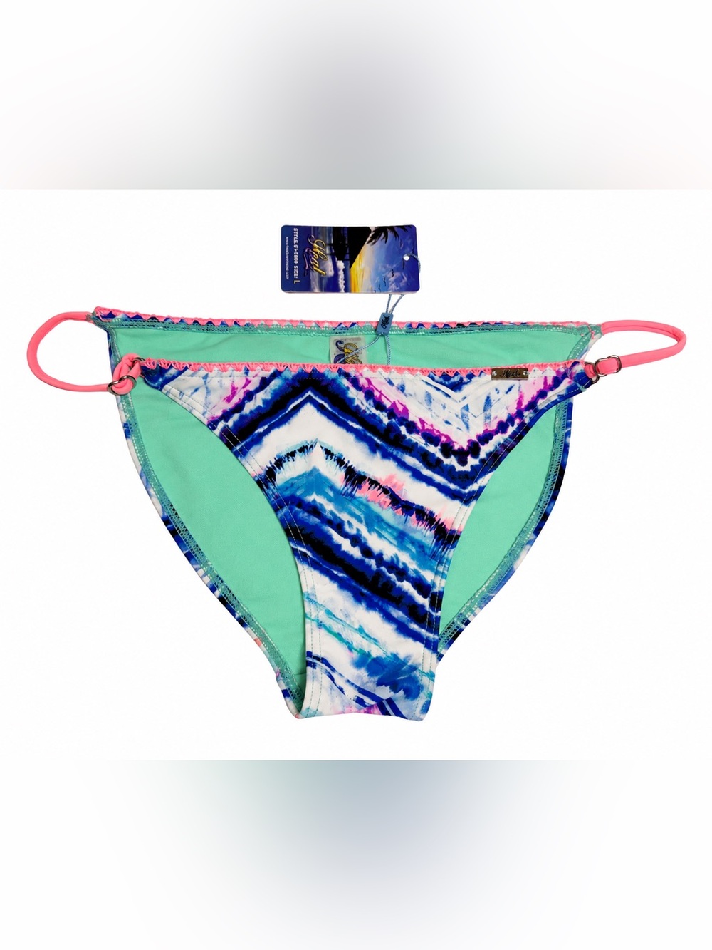 NWT Heat Blue Tie Dye Bikini Bottoms Large Bright Coral Pink Stitch Beach Swim
